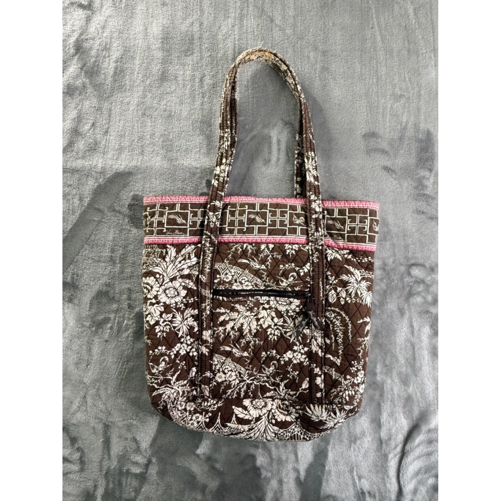 Vintage Vera Bradley Imperial Toile Vera Tote Bag Quilted Cotton Brown Floral